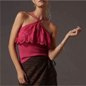 By Anthropologie Ruffle Halter Ribbed Tank Top Dark Pink Size Medium NWT